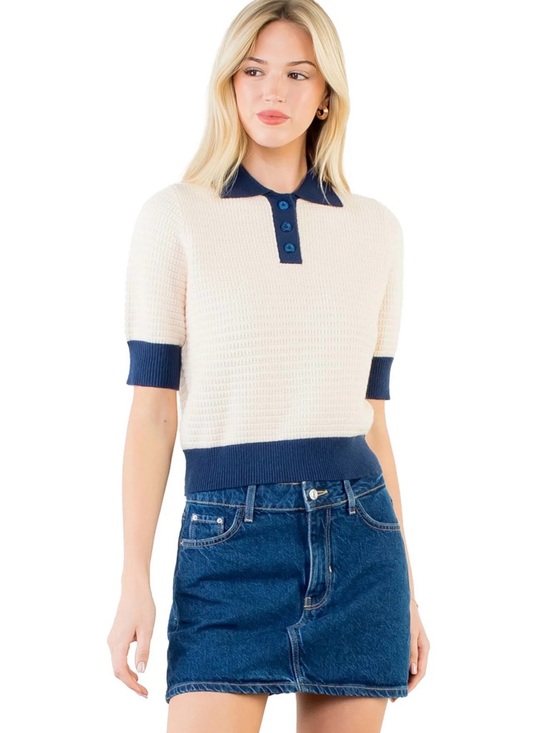 THML Tops - THML Cream Knit Polo with Navy Trim